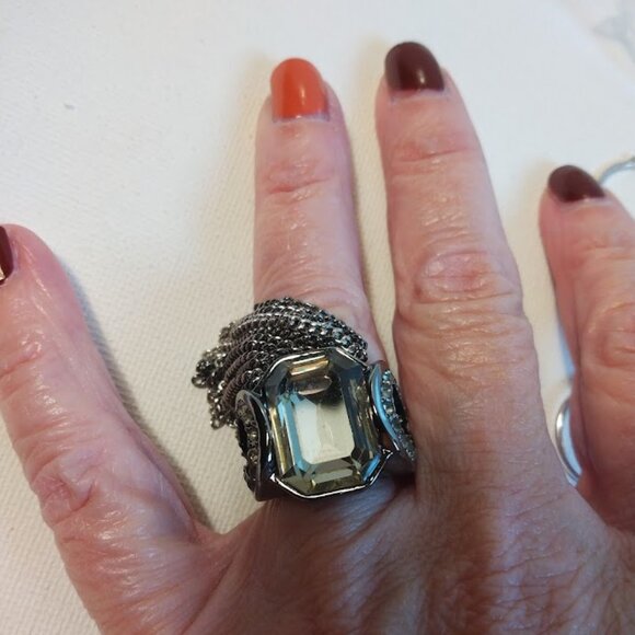 Statement Silver Toned Ring w/ Long Fringe Faux Gemstone Adjustable Cocktail - Picture 3 of 10